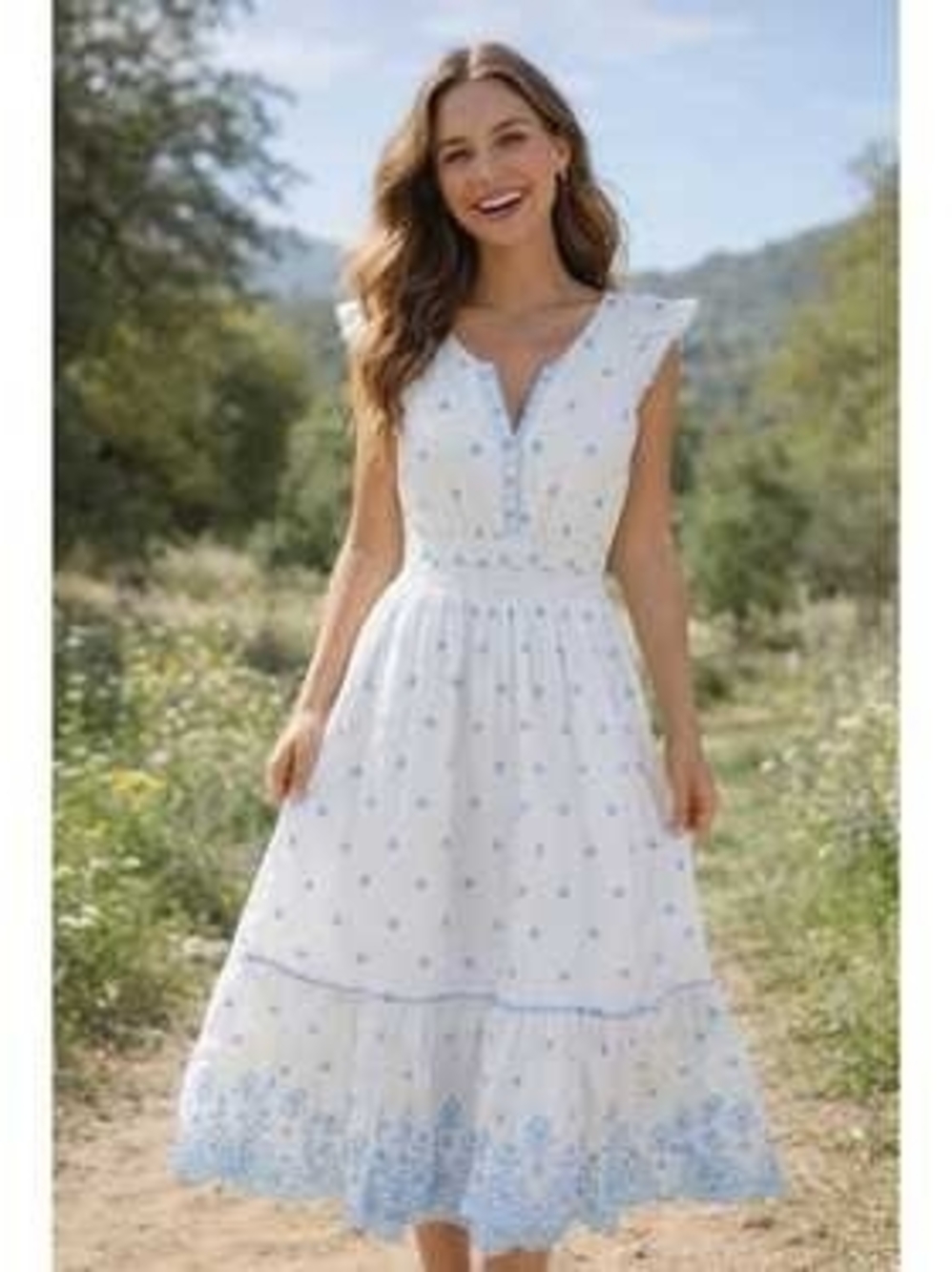 Rachel Zoe White Midi Dress with Light Blue Embroidery